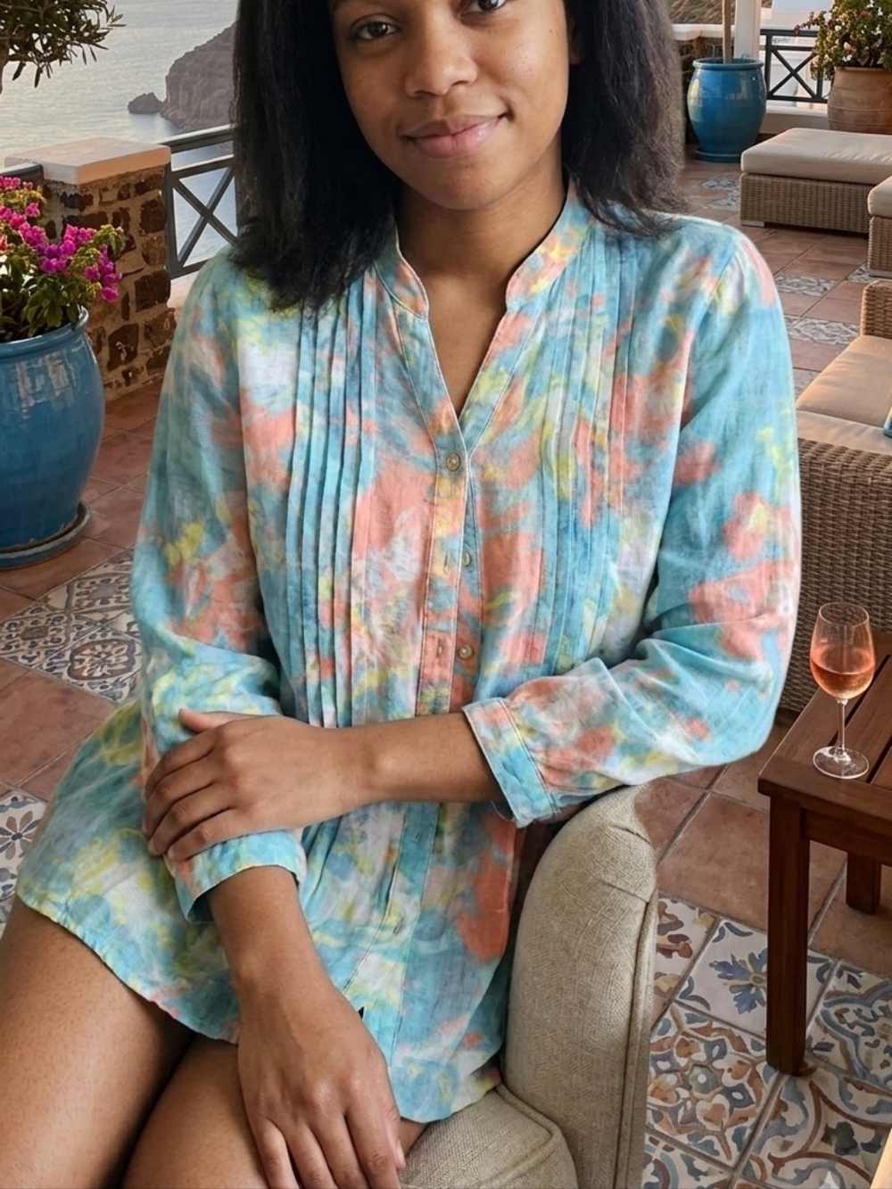Tie-Dye Pintuck Button-Front Tunic Shirt - Pastel Blue & Coral